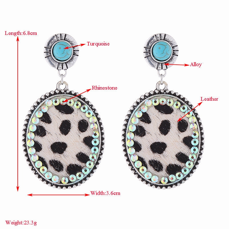 Wholesale Leopard Print Leather Alloy Diamond Turquoise Vintage Earrings