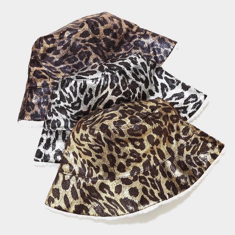 Wholesale Leopard Printed PU Leather Fisherman Hats