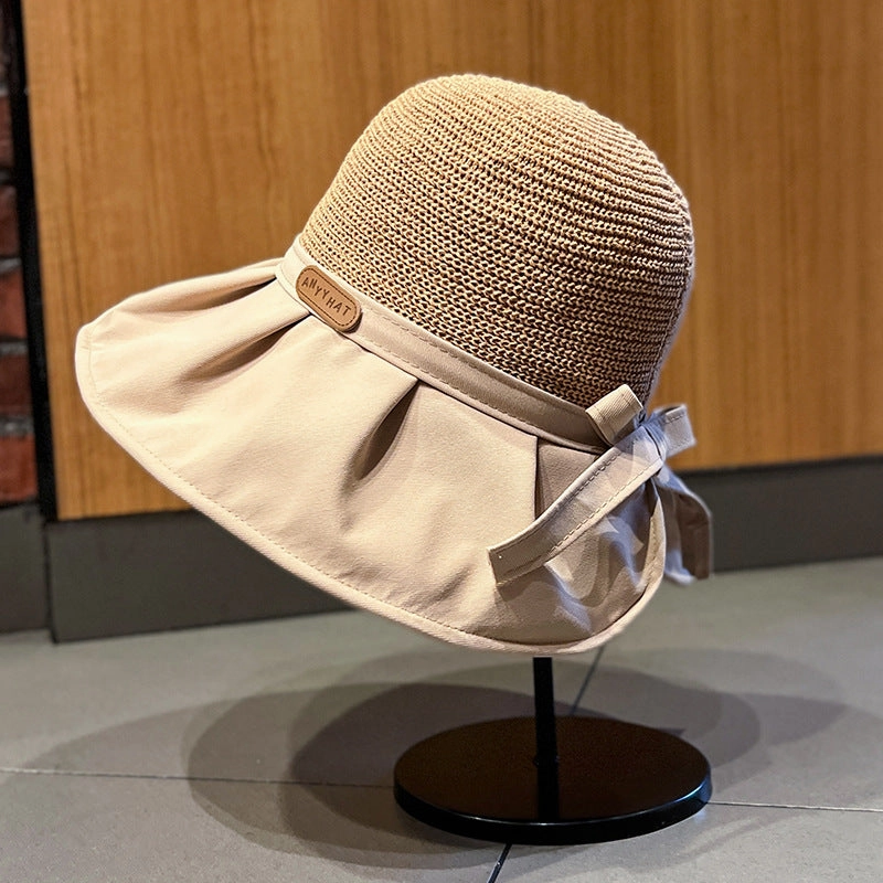 Wholesale Letter Logo Hollow Straw Knitted Large Brim Bucket Hat with Back Slit