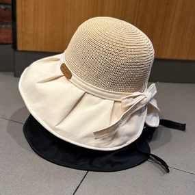 Wholesale Letter Logo Hollow Straw Knitted Large Brim Bucket Hat with Back Slit