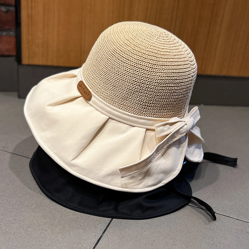 Wholesale Letter Logo Hollow Straw Knitted Large Brim Bucket Hat with Back Slit