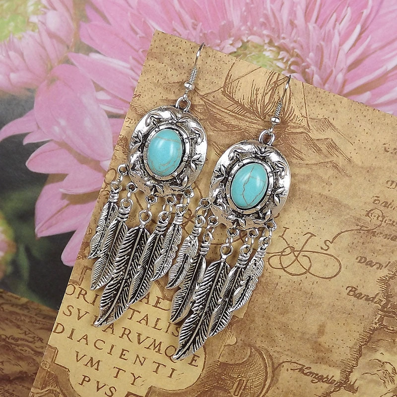Wholesale Miao Silver Ethnic Style Retro Turquoise Water Drop Earrings