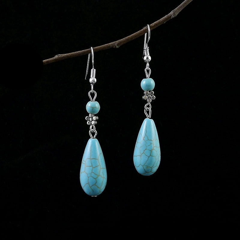 Wholesale Miao Silver Ethnic Style Retro Turquoise Water Drop Earrings