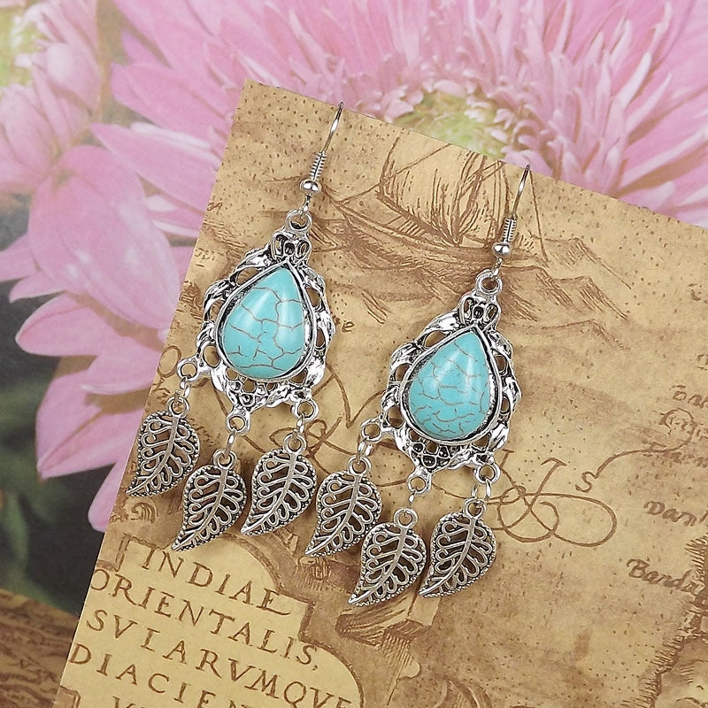 Wholesale Miao Silver Ethnic Style Retro Turquoise Water Drop Earrings