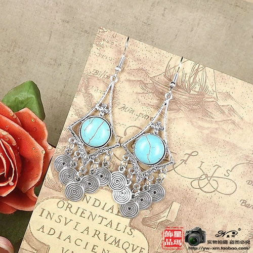 Wholesale Miao Silver Ethnic Style Retro Turquoise Water Drop Earrings
