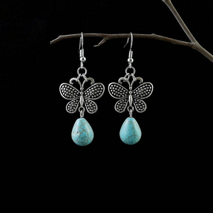 Wholesale Miao Silver Ethnic Style Retro Turquoise Water Drop Earrings