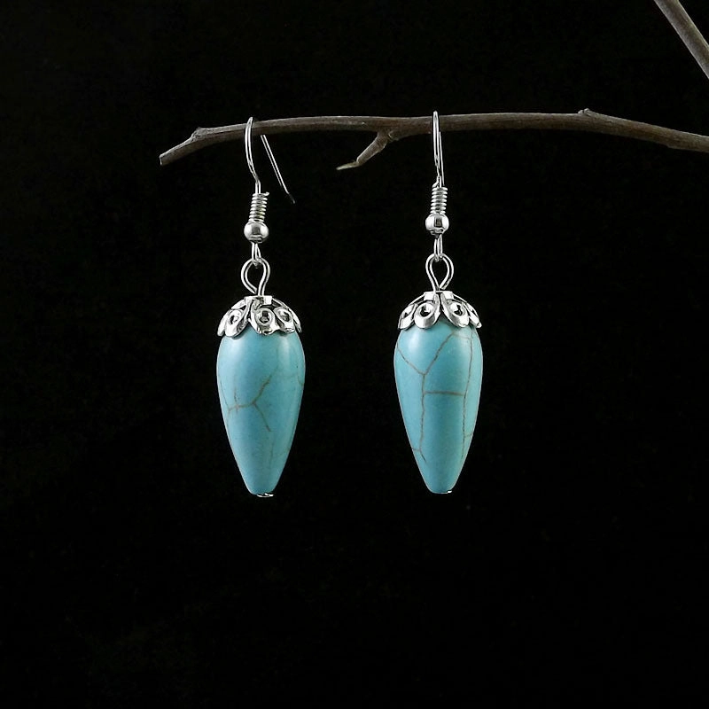 Wholesale Miao Silver Ethnic Style Retro Turquoise Water Drop Earrings