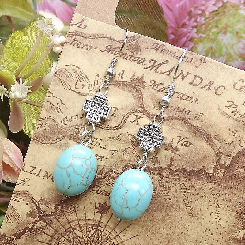 Wholesale Miao Silver Ethnic Style Retro Turquoise Water Drop Earrings
