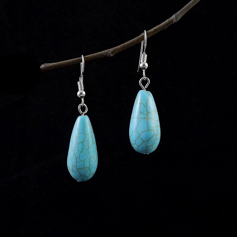 Wholesale Miao Silver Ethnic Style Retro Turquoise Water Drop Earrings