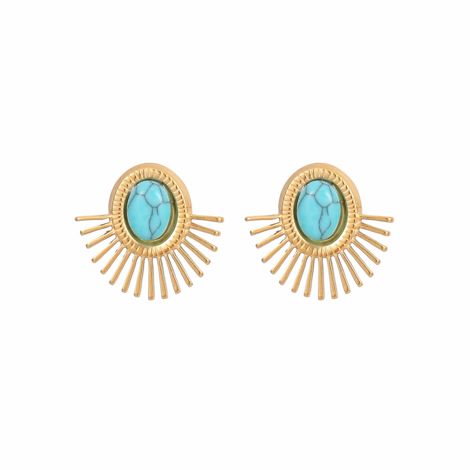 Wholesale Natural Turquoise Fan-shaped Hollow Stainless Steel Earrings