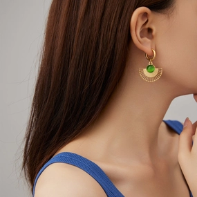 Wholesale Natural Turquoise Fan-shaped Hollow Stainless Steel Earrings