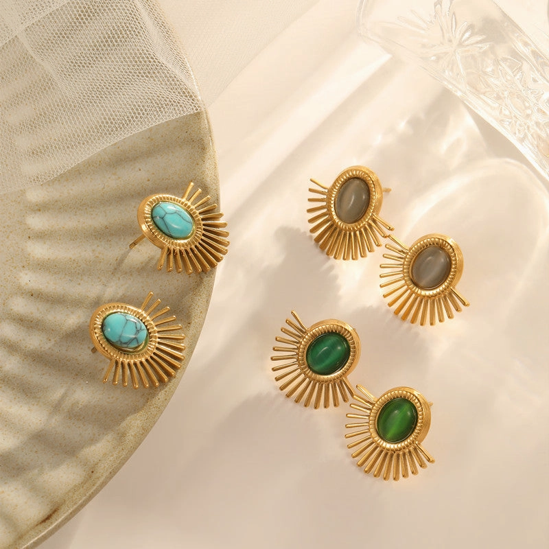 Wholesale Natural Turquoise Fan-shaped Hollow Stainless Steel Earrings