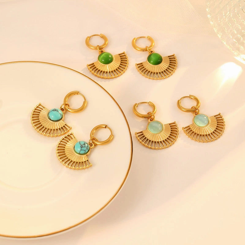 Wholesale Natural Turquoise Fan-shaped Hollow Stainless Steel Earrings