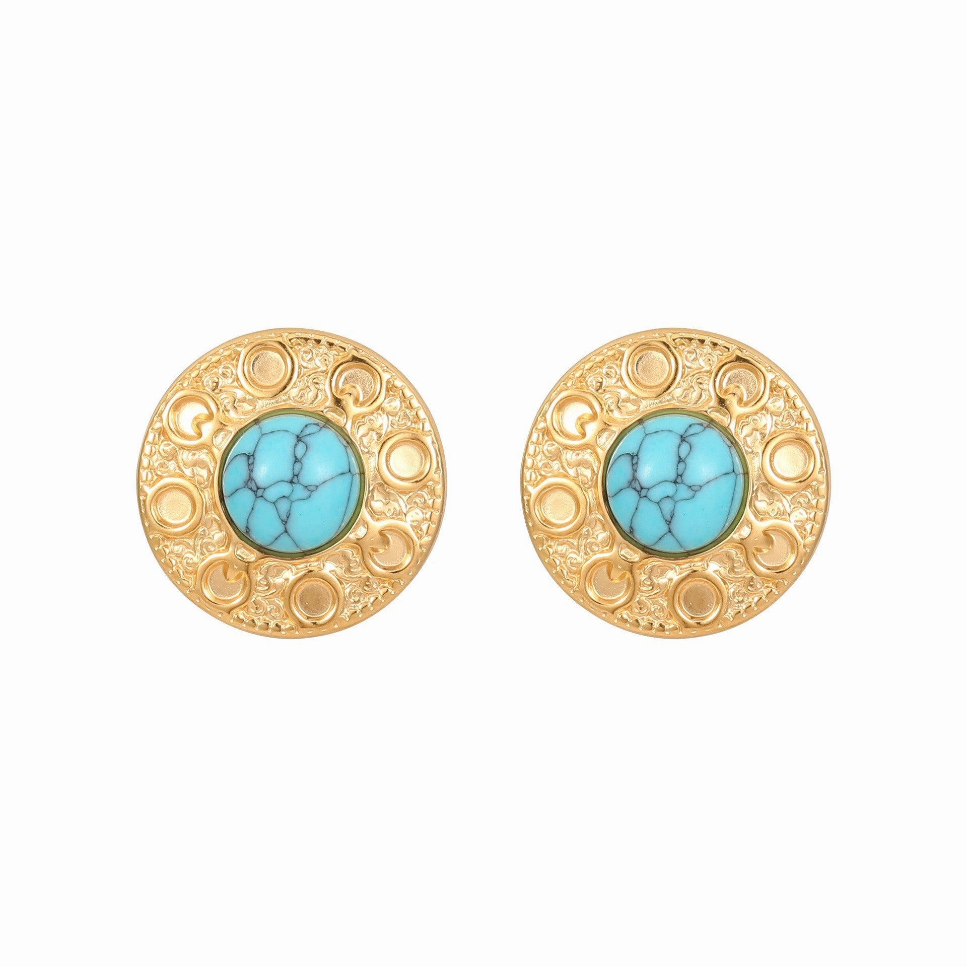 Wholesale Natural Turquoise Fan-shaped Hollow Stainless Steel Earrings