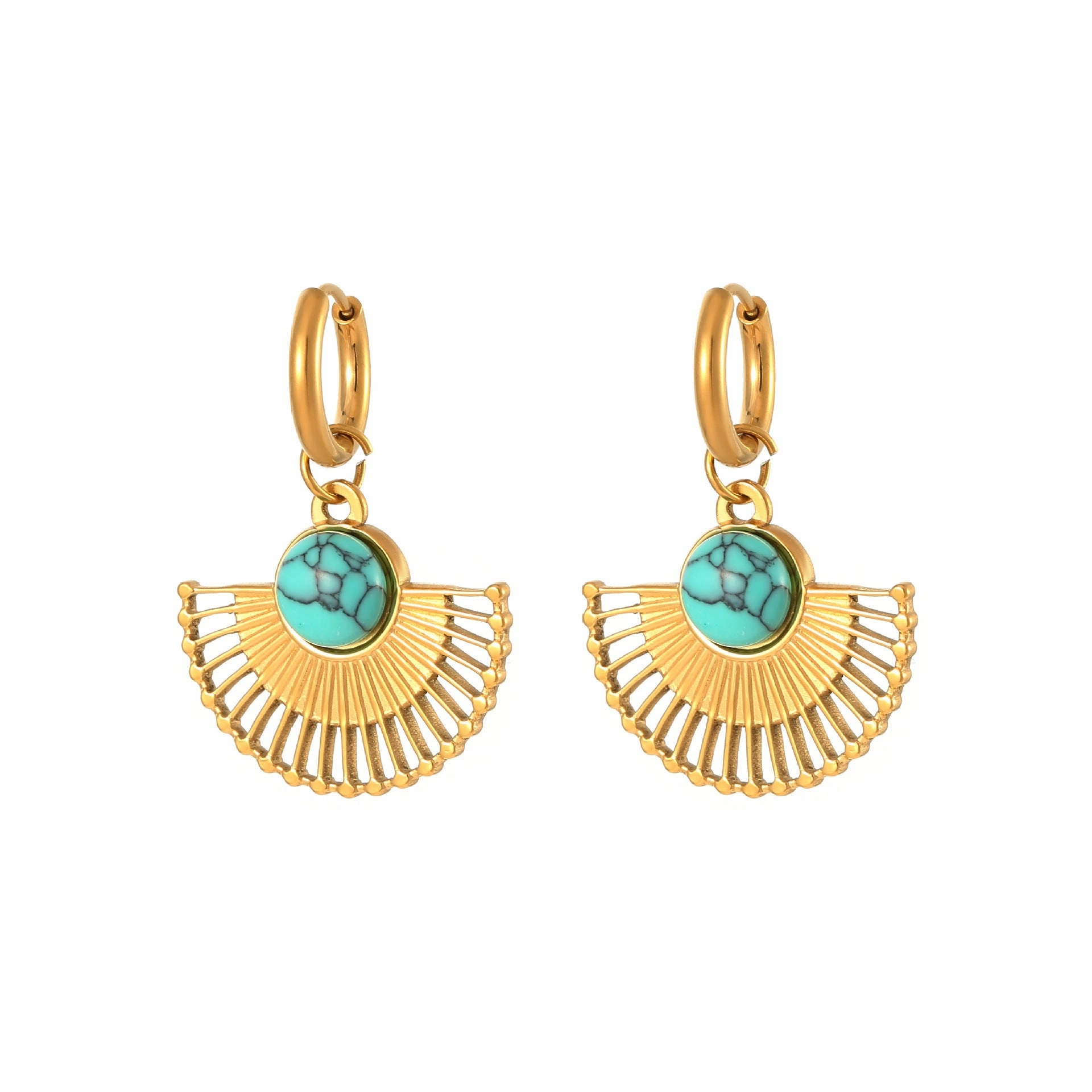 Wholesale Natural Turquoise Fan-shaped Hollow Stainless Steel Earrings
