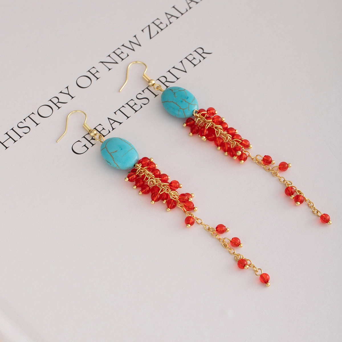 Wholesale New Chinese style long tassel earrings oval turquoise earrings