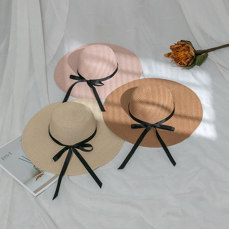 Wholesale of Large Eaved Bow Tie Satin Ribbon Straw Woven Hats