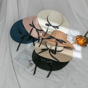 Wholesale of Large Eaved Bow Tie Satin Ribbon Straw Woven Hats