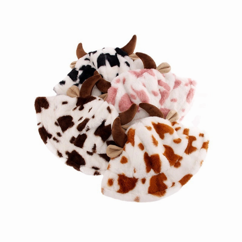 Wholesale of New Autumn and Winter Cow Patterned Cowhorn Plush Thickened Warm Fisherman Hats