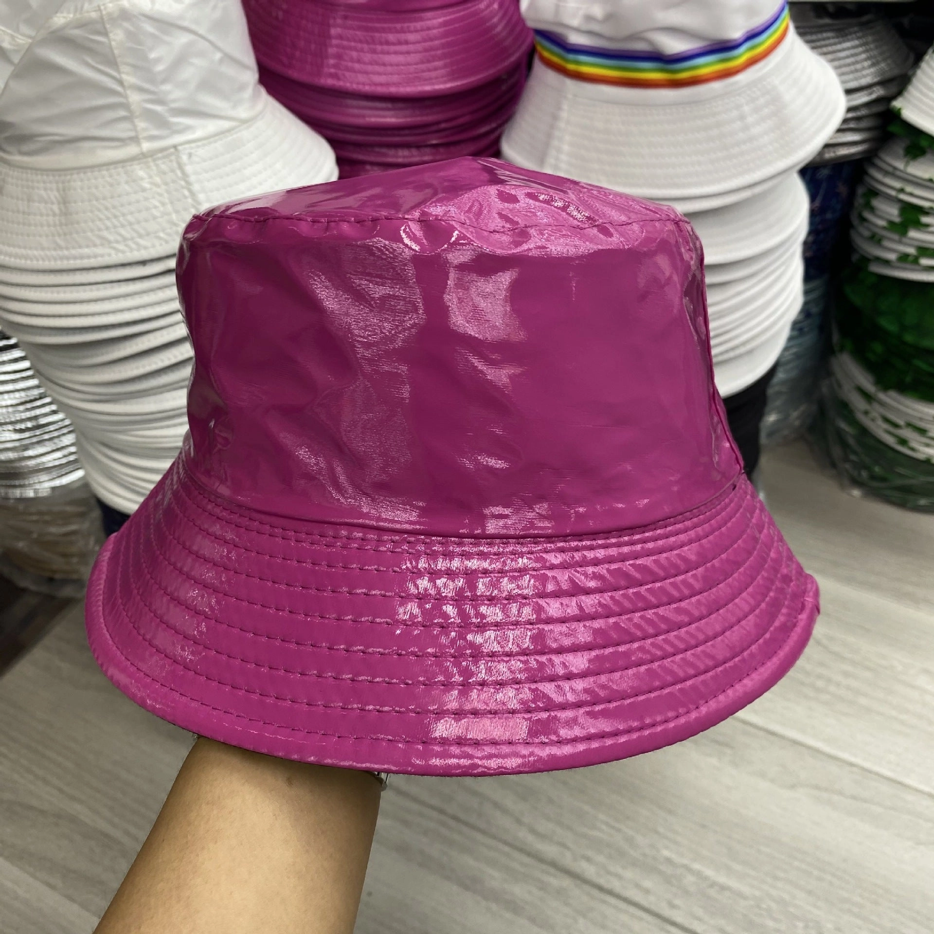 Wholesale of Solid Color Patent Leather with Polyester Fisherman Hats on Both Sides