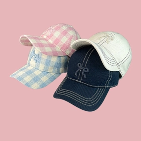 Wholesale Plaid Bow Embroidered Soft Top Baseball Cap