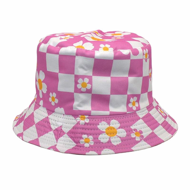 Wholesale Polyester Checkerboard Check Sunflower Flower Print Fisherman Hat
