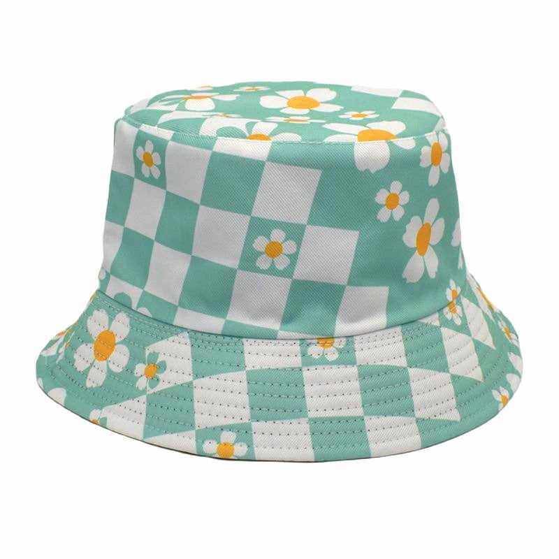 Wholesale Polyester Checkerboard Check Sunflower Flower Print Fisherman Hat