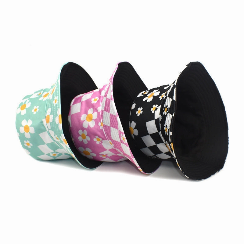 Wholesale Polyester Checkerboard Check Sunflower Flower Print Fisherman Hat