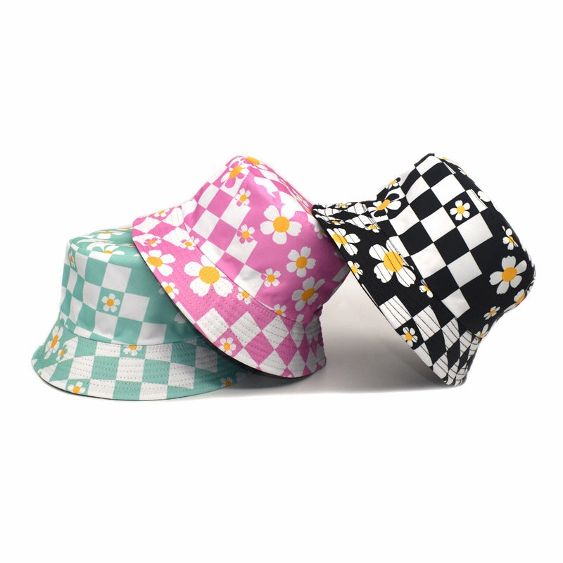 Wholesale Polyester Checkerboard Check Sunflower Flower Print Fisherman Hat