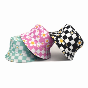 Wholesale Polyester Checkerboard Check Sunflower Flower Print Fisherman Hat