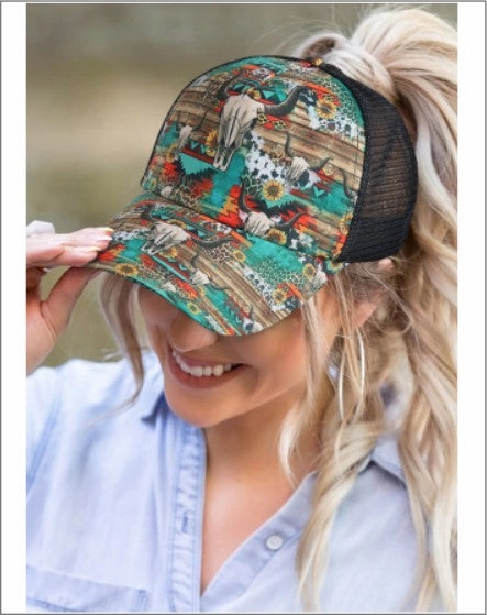 Wholesale Printed frayed edge cross ponytail baseball cap