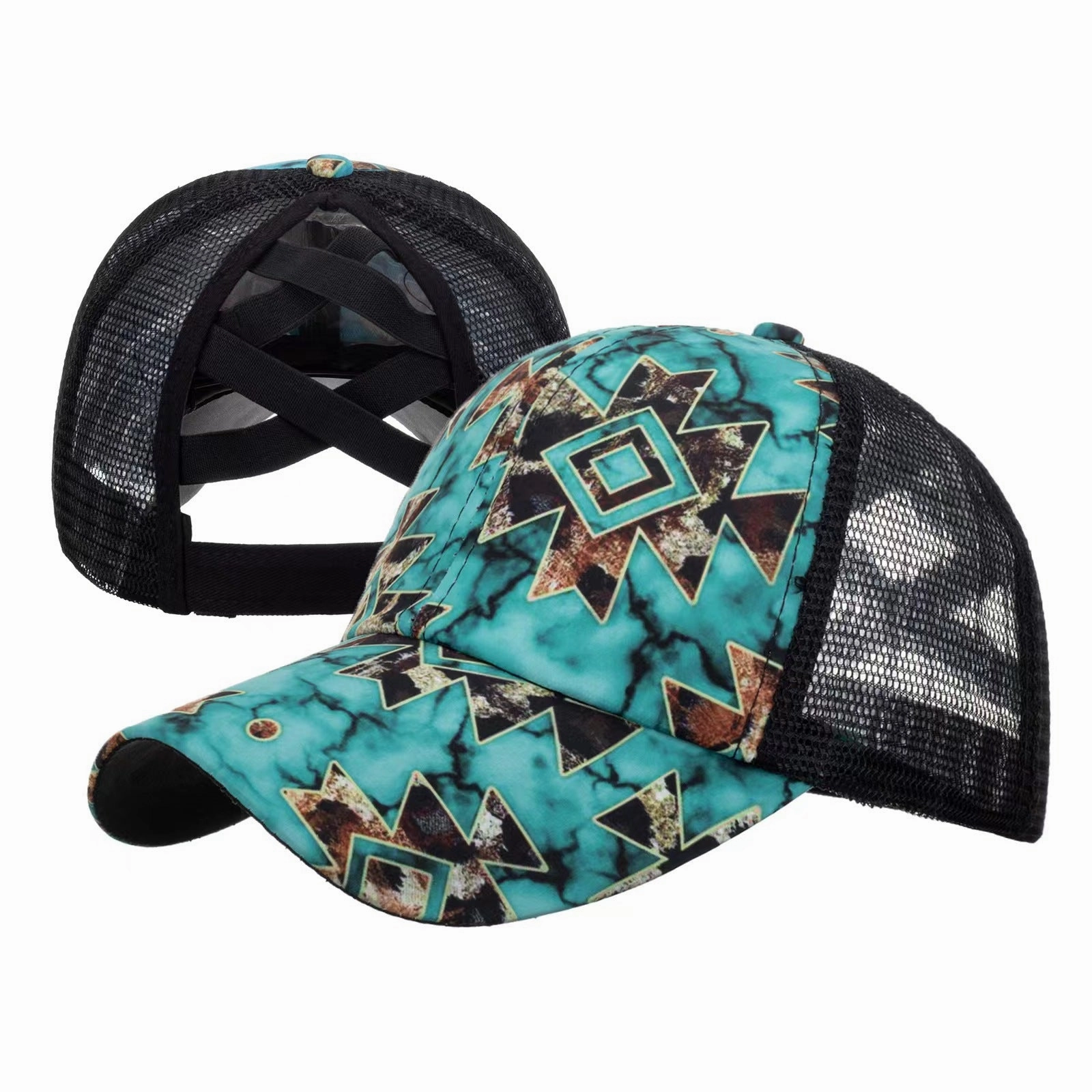 Wholesale Printed frayed edge cross ponytail baseball cap