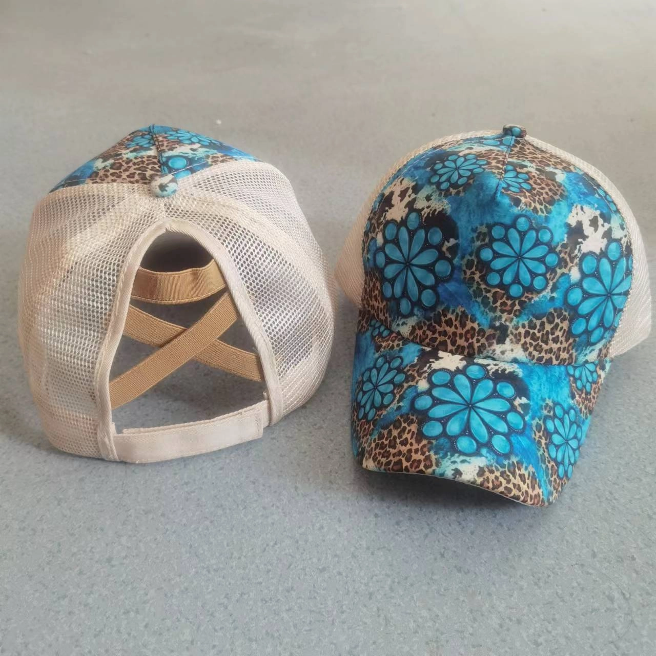 Wholesale Printed frayed edge cross ponytail baseball cap