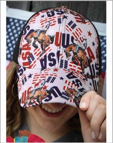Wholesale Printed frayed edge cross ponytail baseball cap