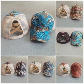 Wholesale Printed frayed edge cross ponytail baseball cap