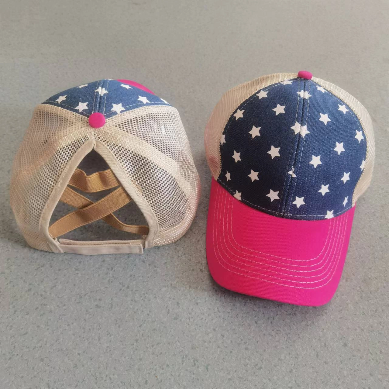 Wholesale Printed frayed edge cross ponytail baseball cap