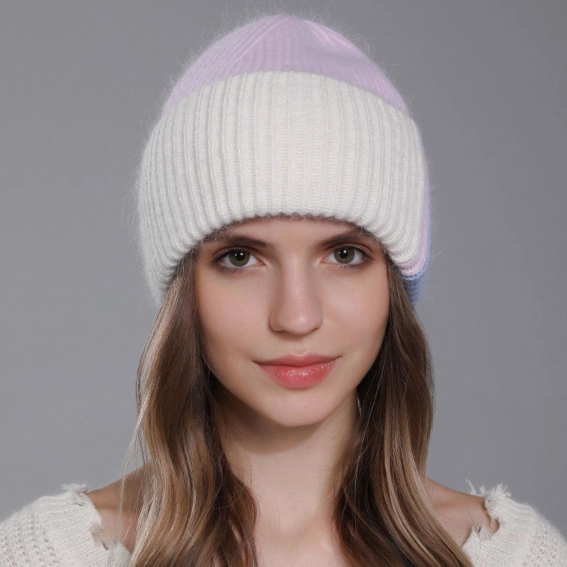 Wholesale Rabbit Fur Knitted Winter Fashion Warm Color Matching Wool All-match Women's Pullover Hat