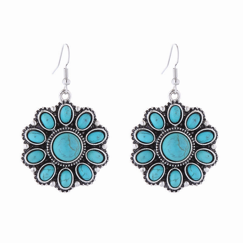 Wholesale Retro Ethnic Style Alloy Inlaid White Turquoise Round Earrings