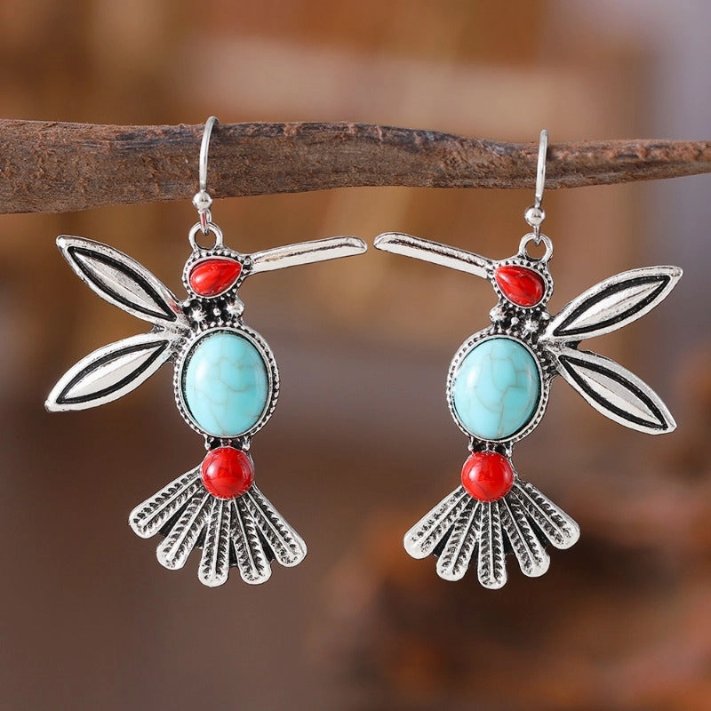 Wholesale Retro Fashion Inlaid Turquoise Bird Pendant Personality Niche Simple Versatile Earrings