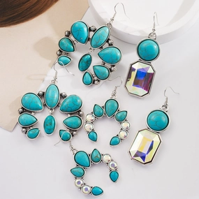 Wholesale Retro Geometric Creative Alloy Inlaid Turquoise Color Diamond Bohemian Earrings