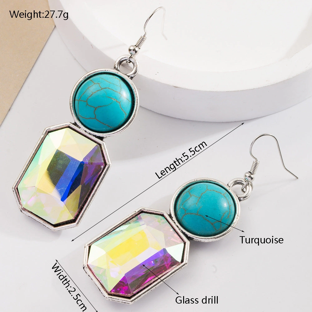 Wholesale Retro Geometric Creative Alloy Inlaid Turquoise Color Diamond Bohemian Earrings