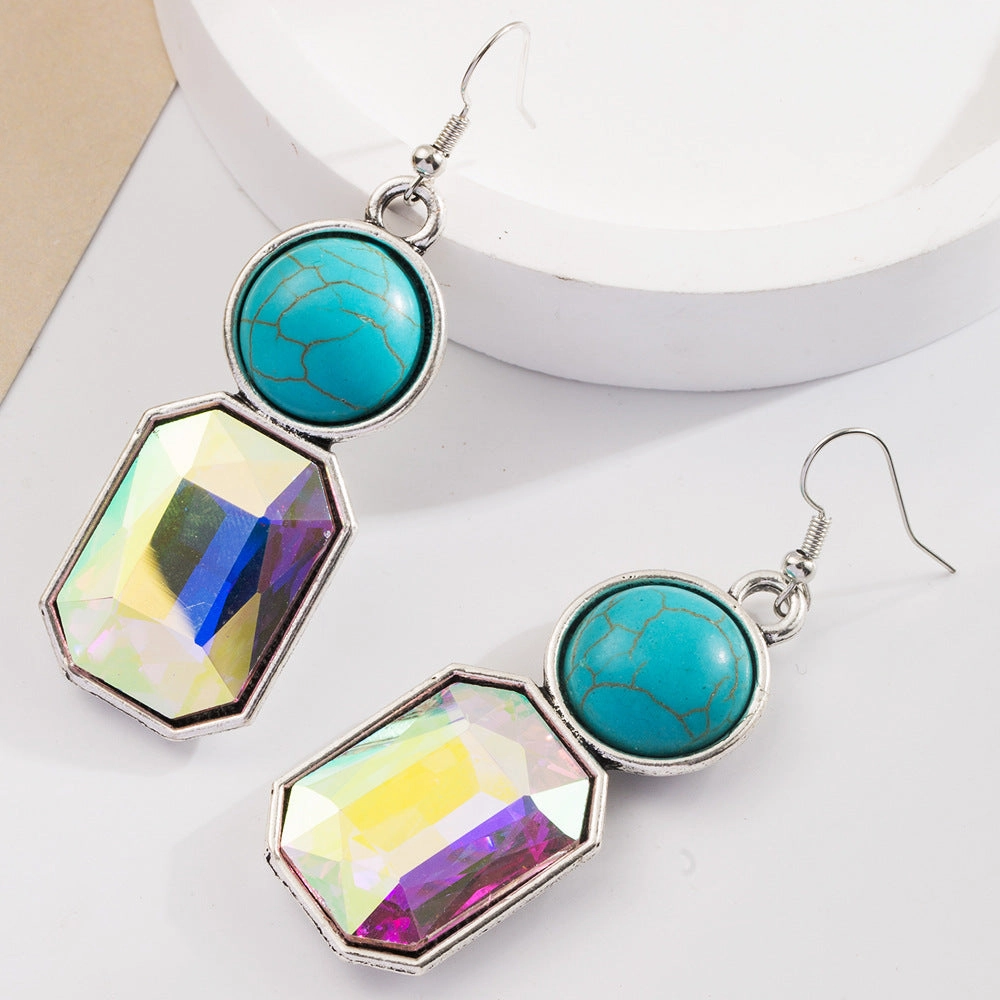 Wholesale Retro Geometric Creative Alloy Inlaid Turquoise Color Diamond Bohemian Earrings