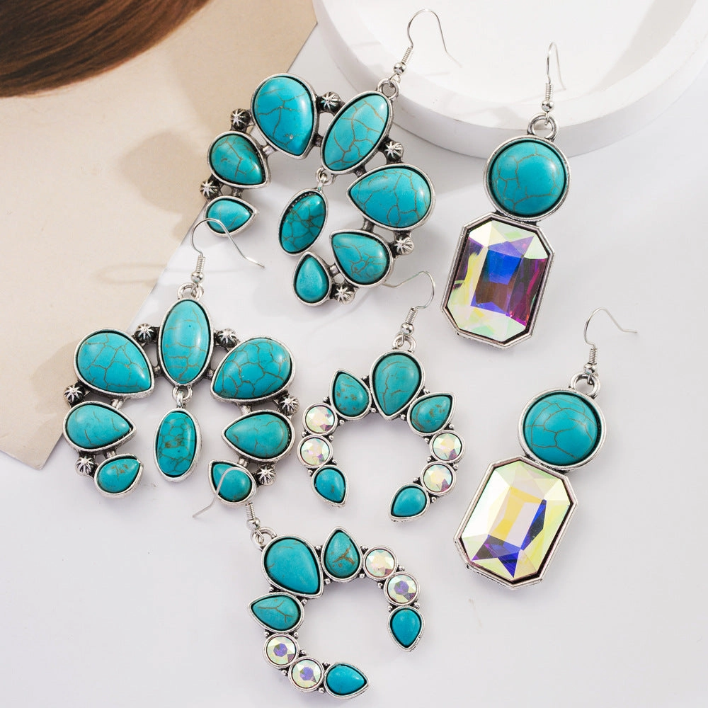 Wholesale Retro Geometric Creative Alloy Inlaid Turquoise Color Diamond Bohemian Earrings