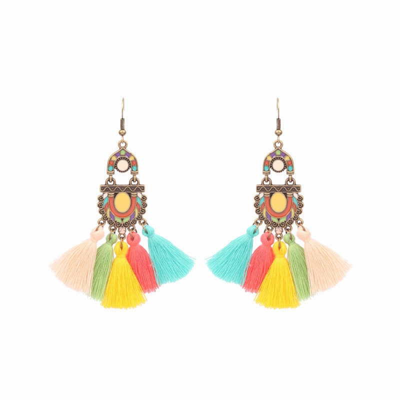 Wholesale Retro Tassel Hollow Alloy Oil Dripping Earrings Set