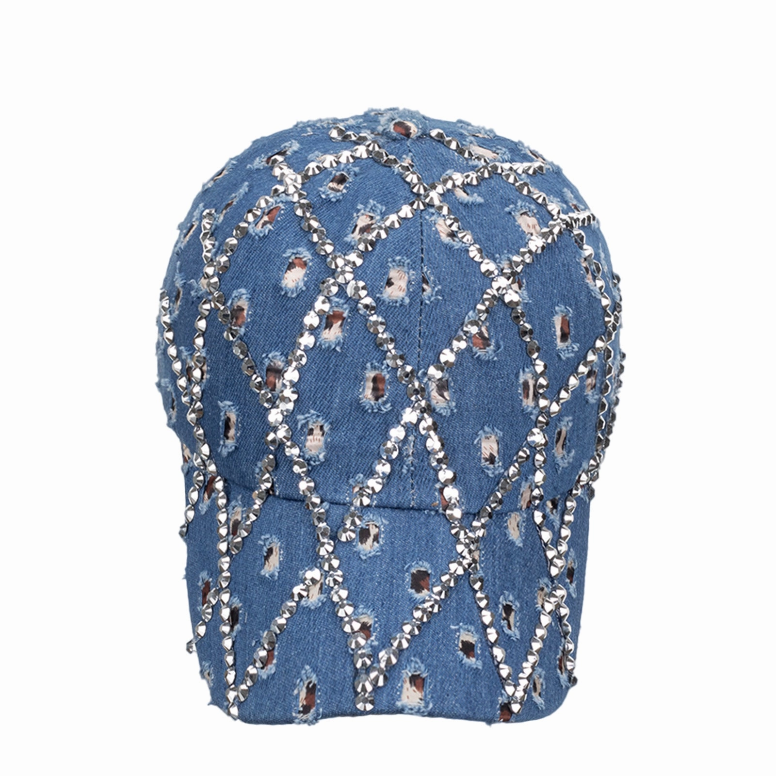 Wholesale Ripped diamond denim leopard print rhinestone baseball cap