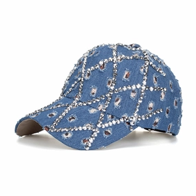 Wholesale Ripped diamond denim leopard print rhinestone baseball cap