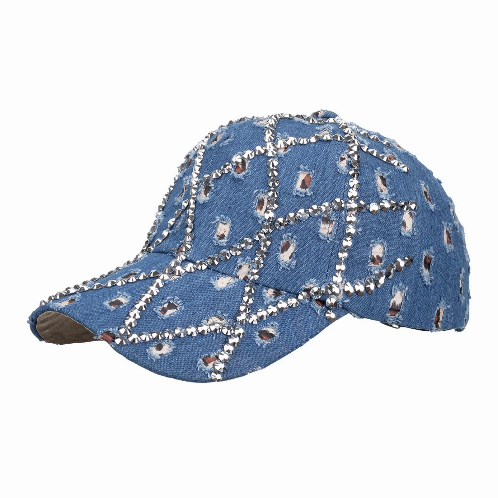 Wholesale Ripped diamond denim leopard print rhinestone baseball cap
