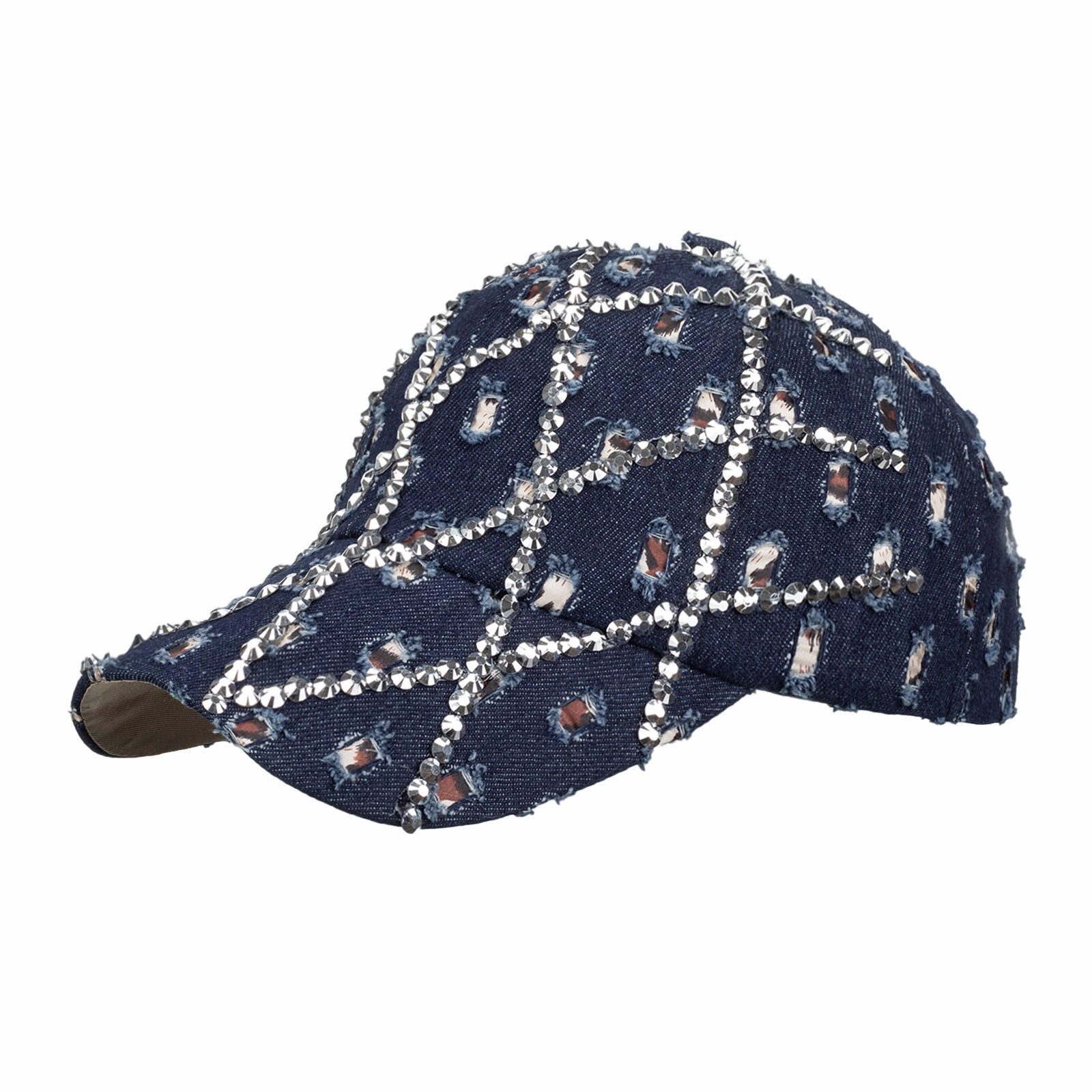 Wholesale Ripped diamond denim leopard print rhinestone baseball cap