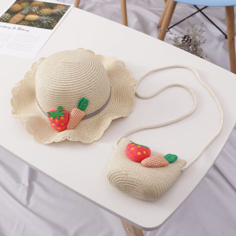 Wholesale Straw Kids Wavy Sunshade Hat Bag Set