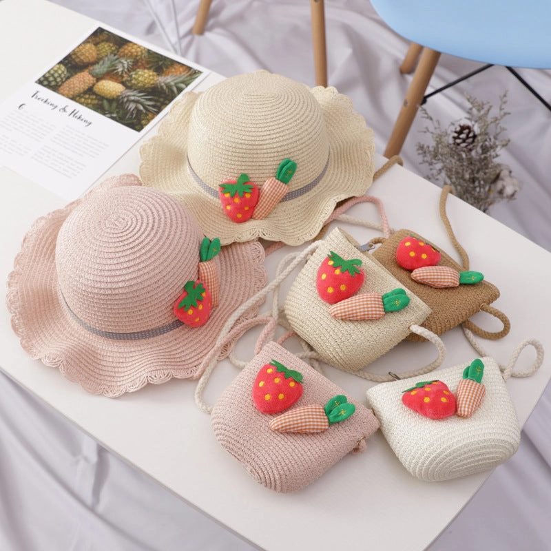 Wholesale Straw Kids Wavy Sunshade Hat Bag Set